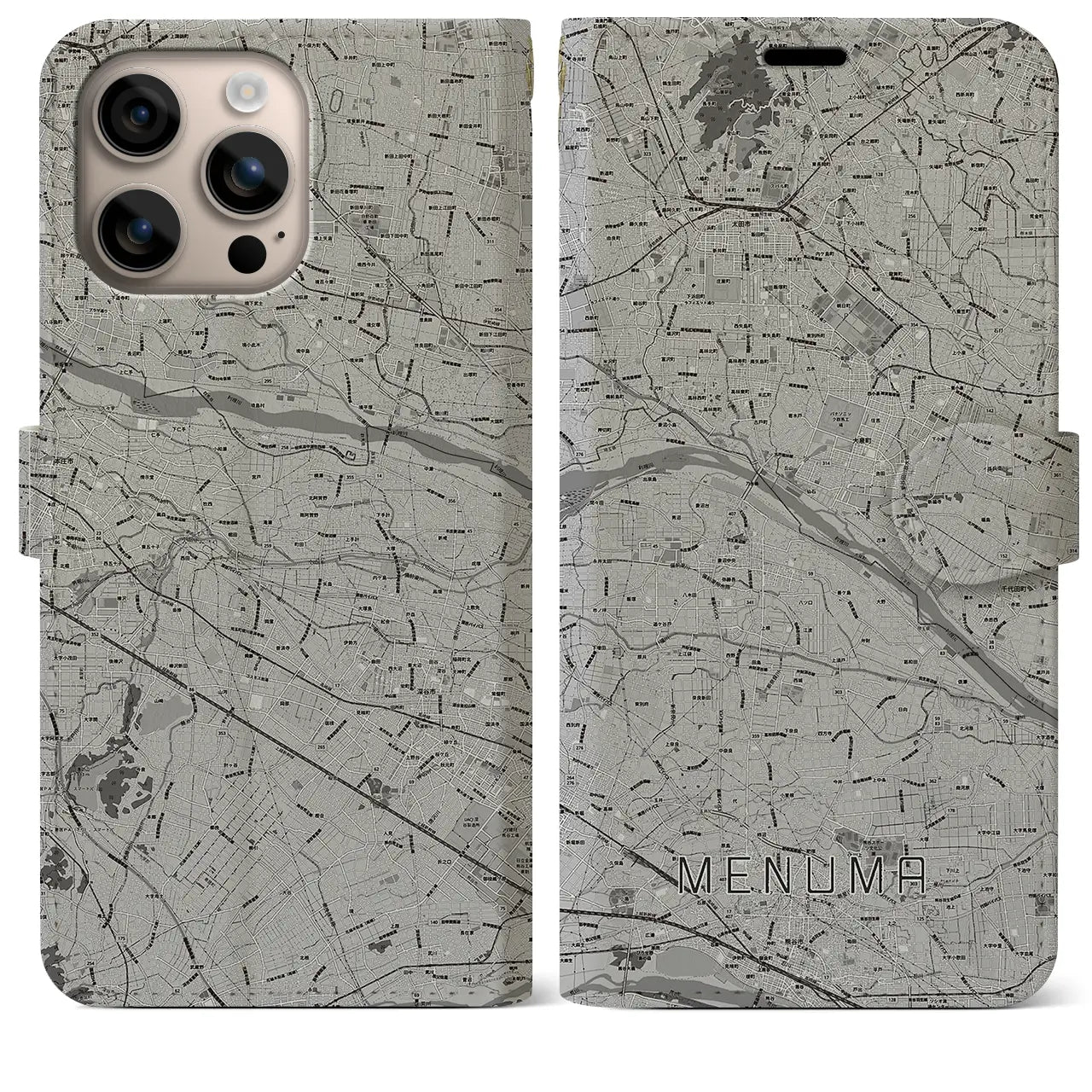 【妻沼(埼玉県)】地図柄iPhoneケース(手帳タイプ)モノトーン・iPhone 16 Plus 用