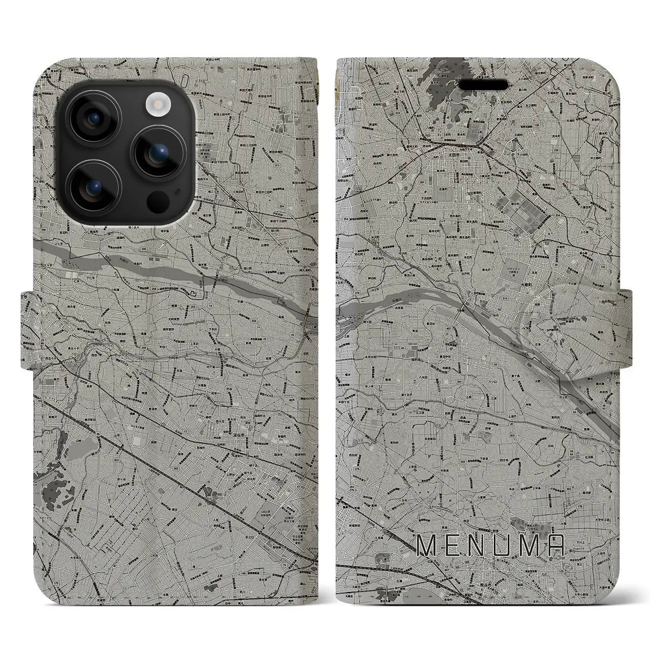 【妻沼(埼玉県)】地図柄iPhoneケース(手帳タイプ)モノトーン・iPhone 16 用