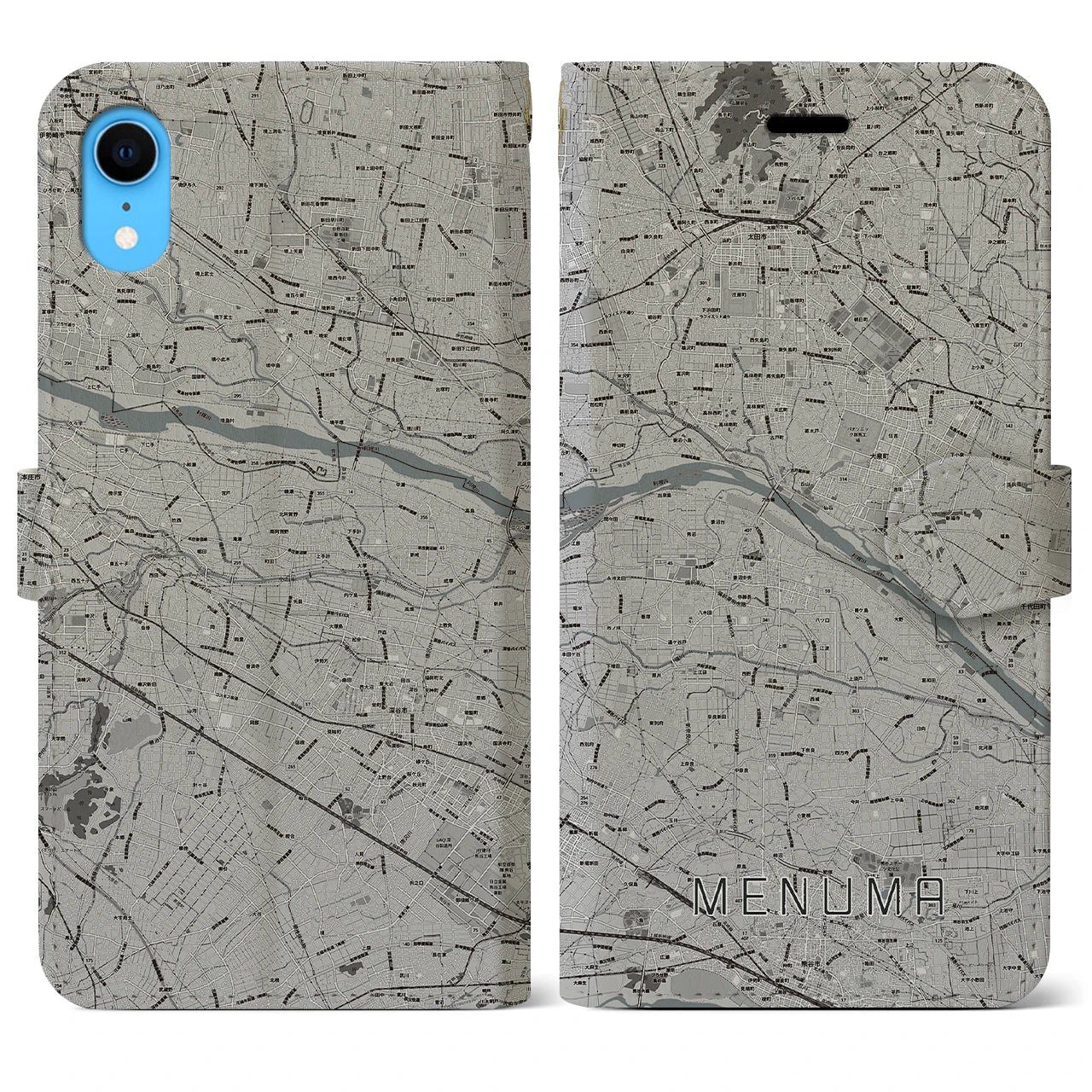 【妻沼(埼玉県)】地図柄iPhoneケース(手帳タイプ)モノトーン・iPhone XR 用