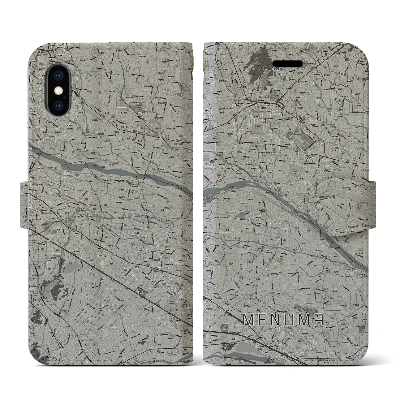 【妻沼(埼玉県)】地図柄iPhoneケース(手帳タイプ)モノトーン・iPhone XS / X 用