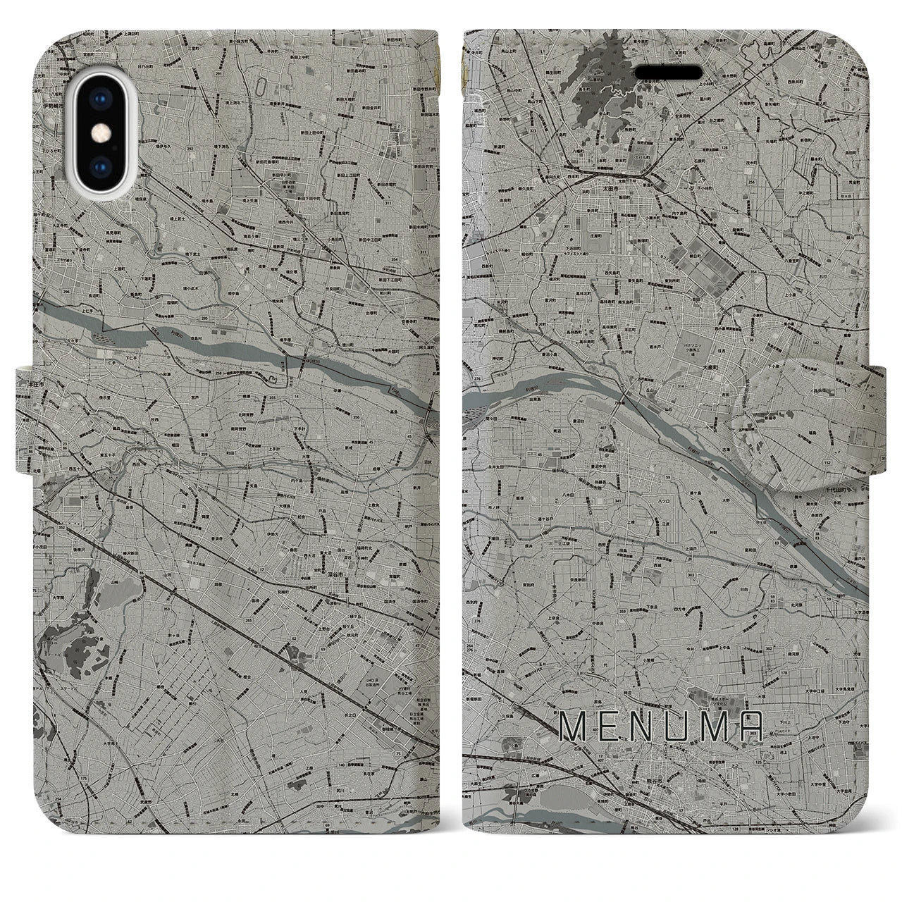 【妻沼(埼玉県)】地図柄iPhoneケース(手帳タイプ)モノトーン・iPhone XS Max 用