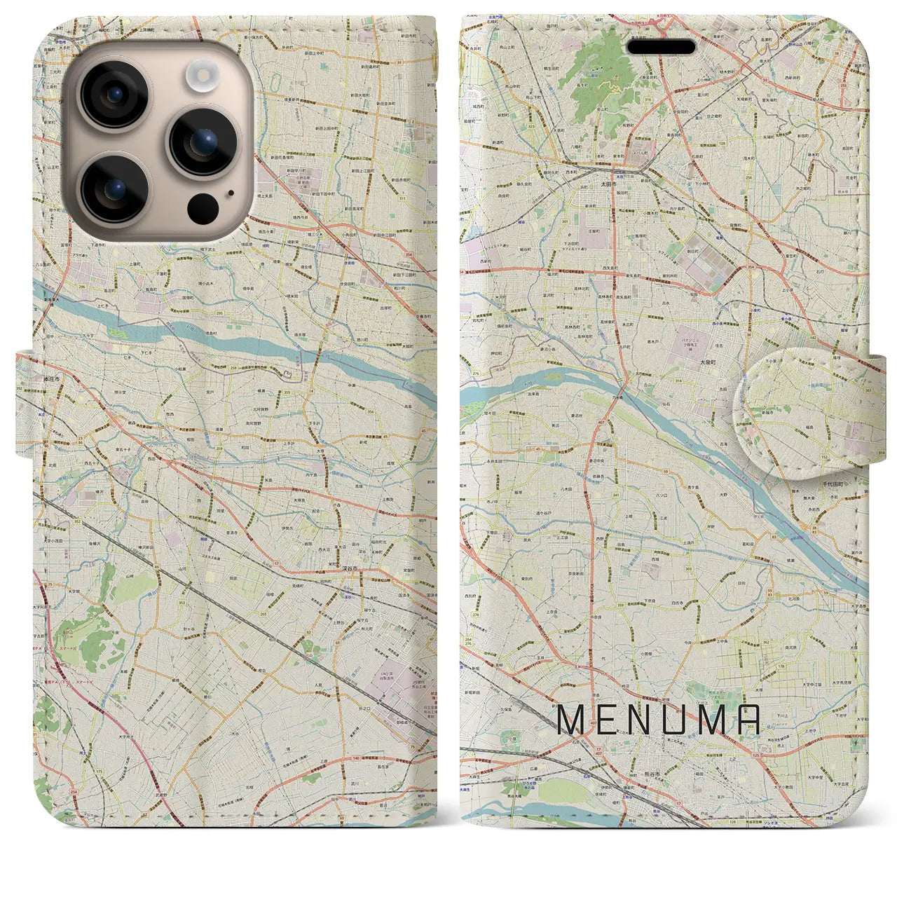 【妻沼(埼玉県)】地図柄iPhoneケース(手帳タイプ)ナチュラル・iPhone 16 Plus 用