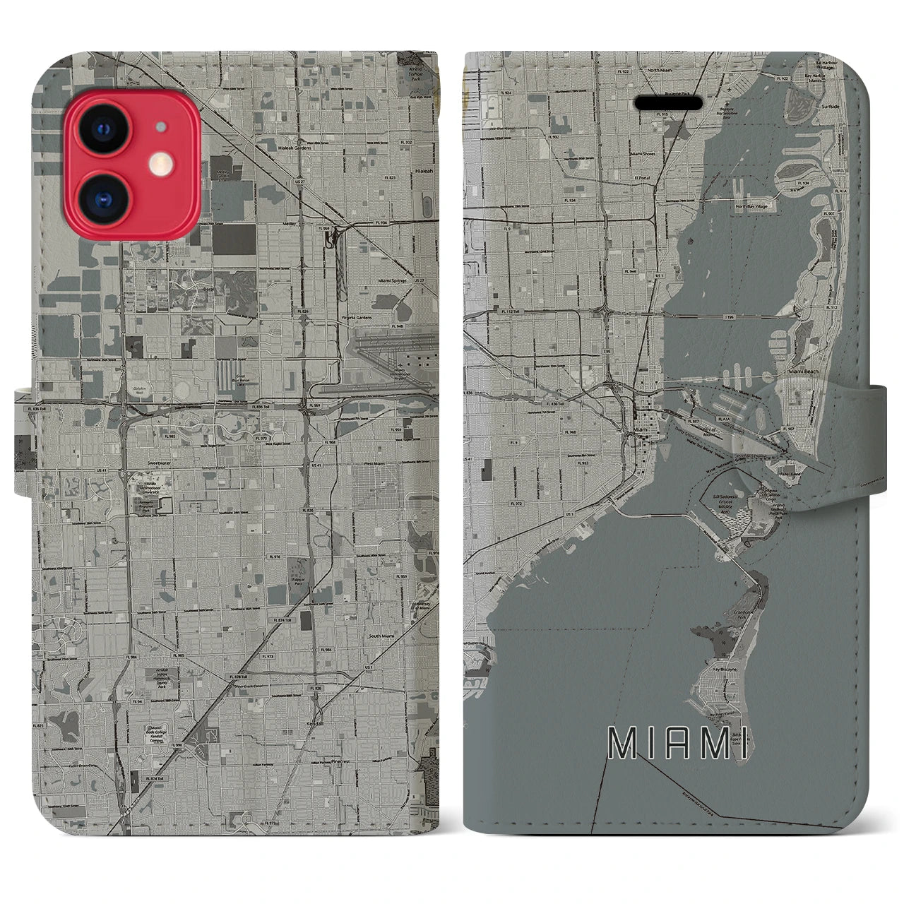 【マイアミ(アメリカ)】地図柄iPhoneケース(手帳タイプ)モノトーン・iPhone 11 用