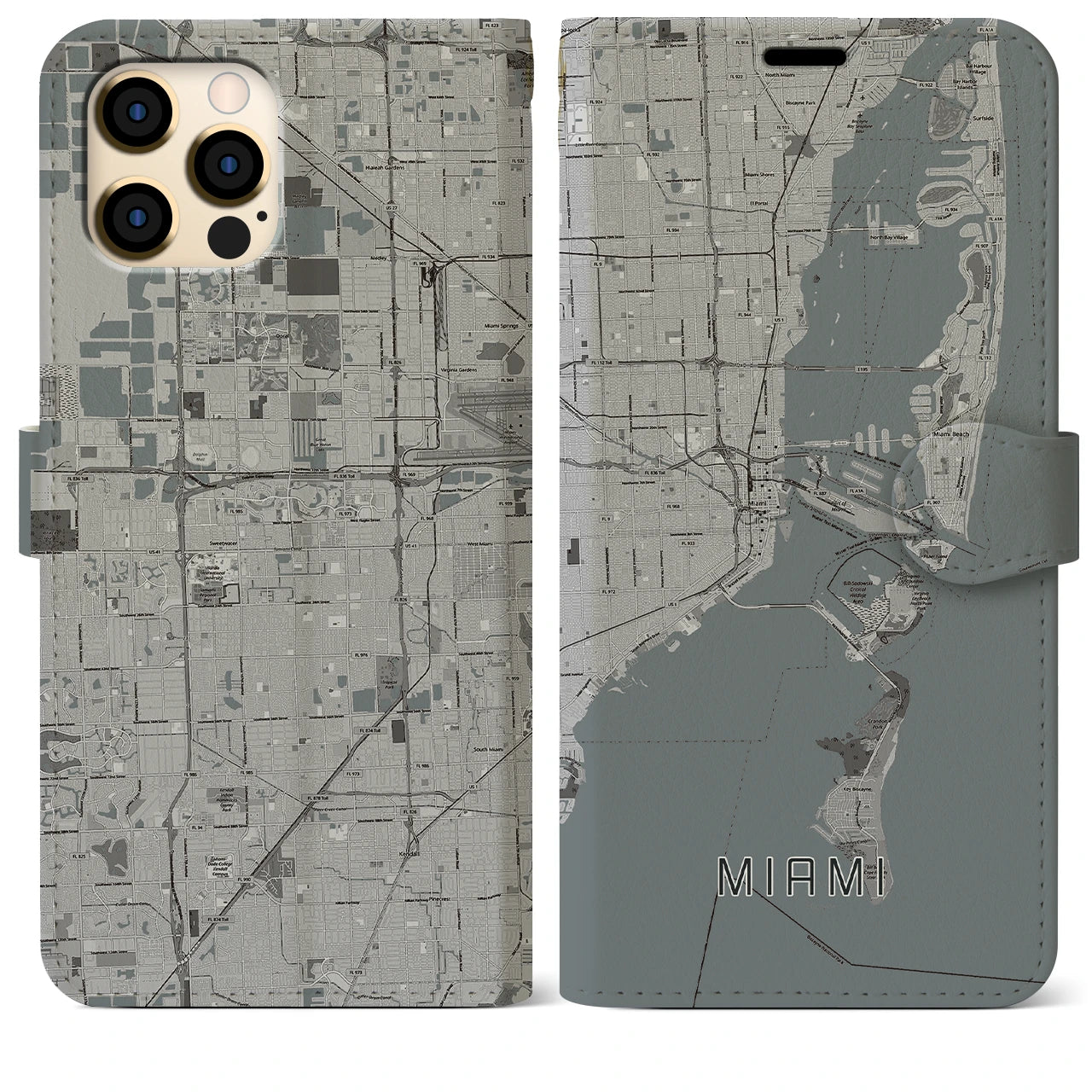 【マイアミ(アメリカ)】地図柄iPhoneケース(手帳タイプ)モノトーン・iPhone 12 Pro Max 用