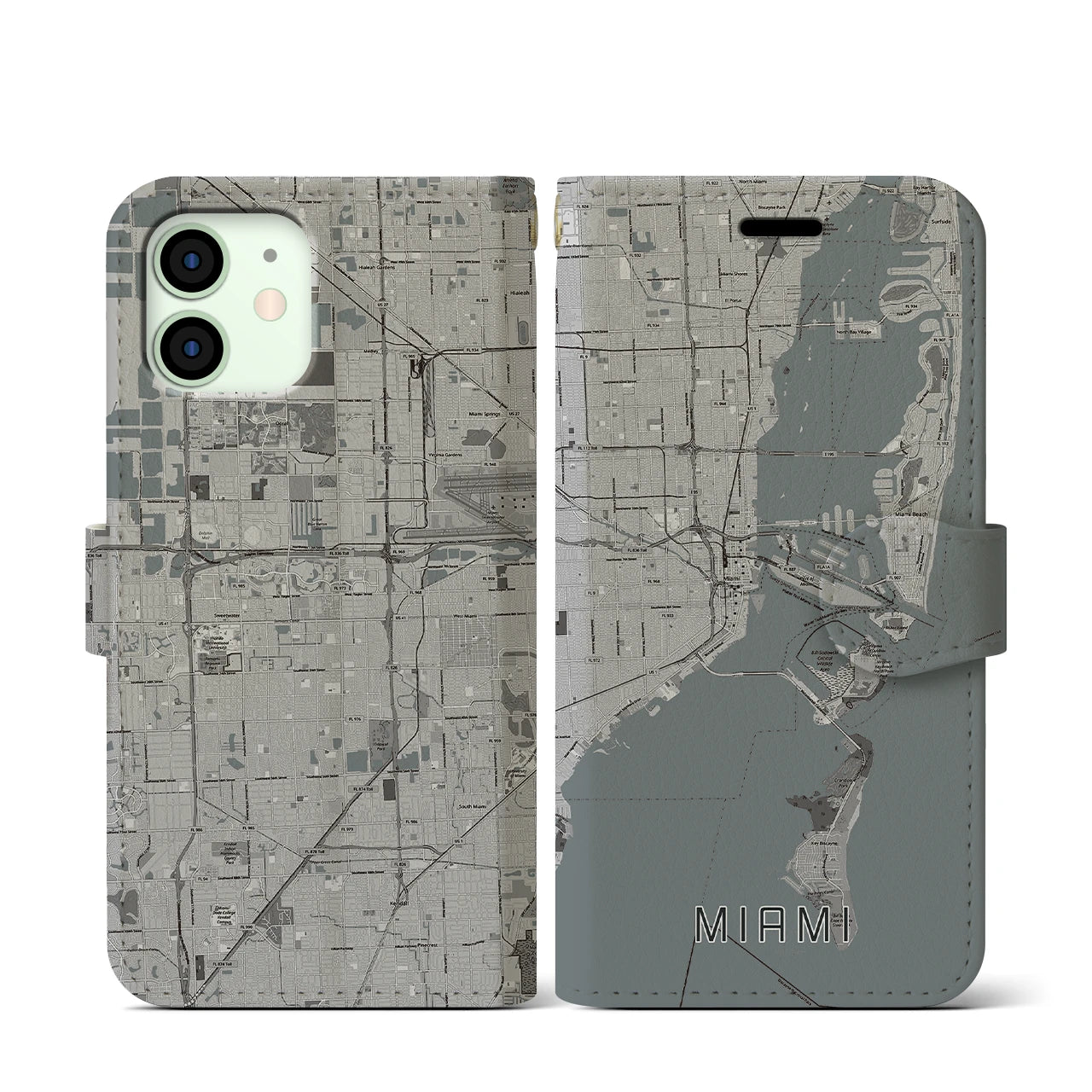 【マイアミ(アメリカ)】地図柄iPhoneケース(手帳タイプ)モノトーン・iPhone 12 mini 用