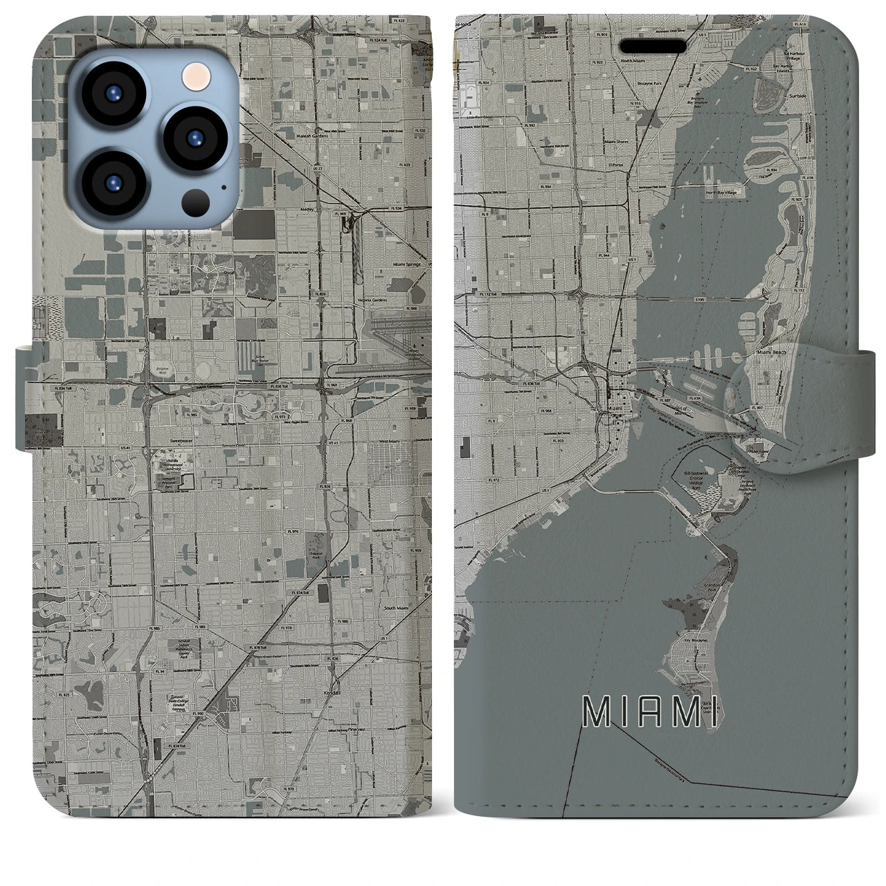【マイアミ(アメリカ)】地図柄iPhoneケース(手帳タイプ)モノトーン・iPhone 13 Pro Max 用