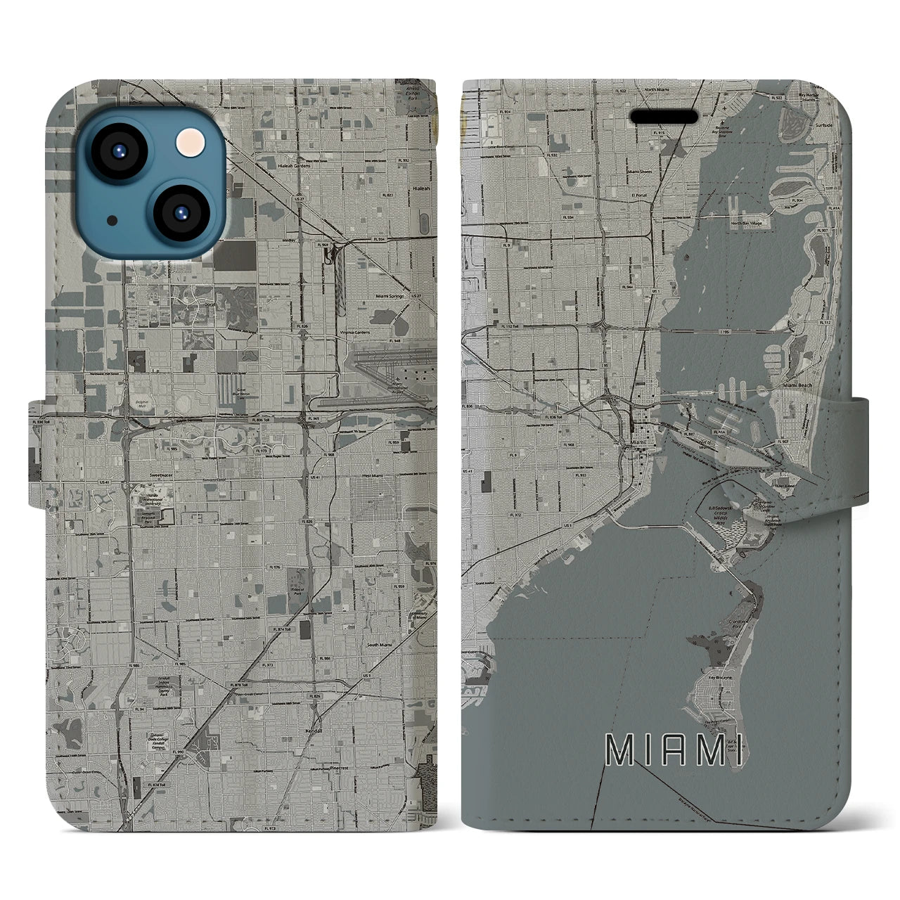 【マイアミ(アメリカ)】地図柄iPhoneケース(手帳タイプ)モノトーン・iPhone 13 用