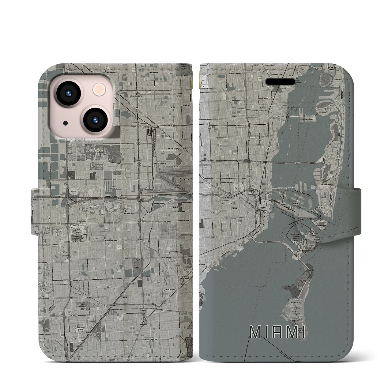 【マイアミ(アメリカ)】地図柄iPhoneケース(手帳タイプ)モノトーン・iPhone 13 mini 用