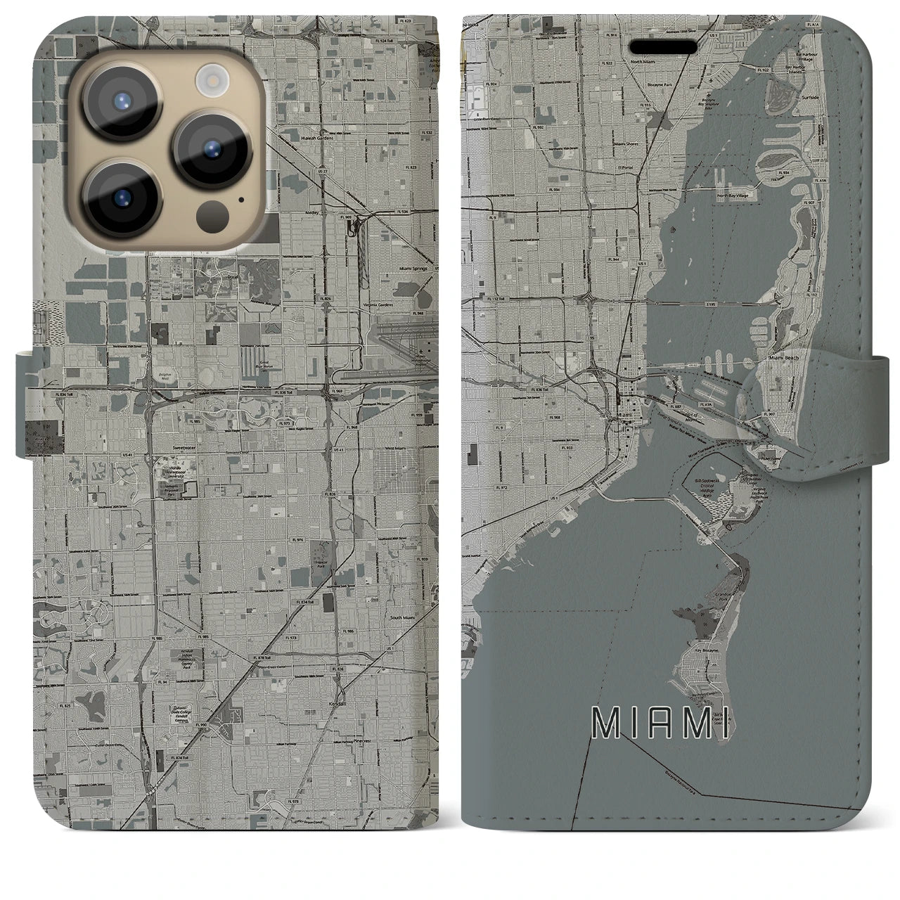 【マイアミ(アメリカ)】地図柄iPhoneケース(手帳タイプ)モノトーン・iPhone 14 Pro Max 用