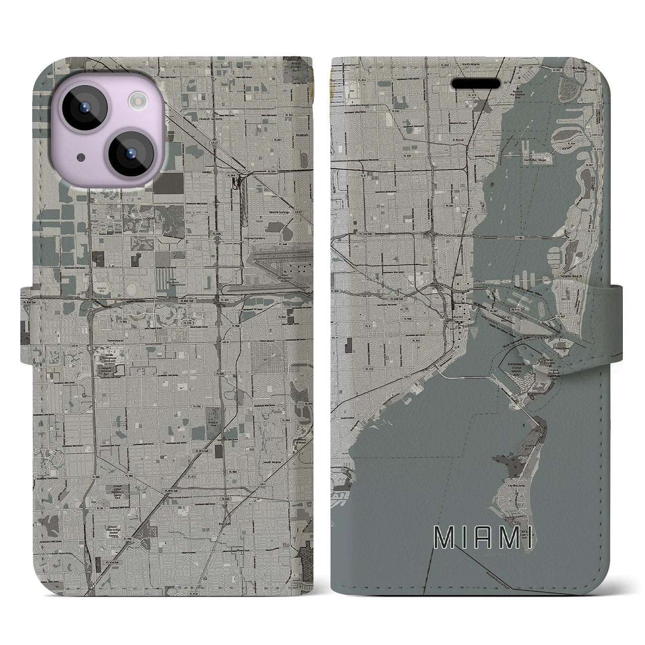 【マイアミ(アメリカ)】地図柄iPhoneケース(手帳タイプ)モノトーン・iPhone 14 用