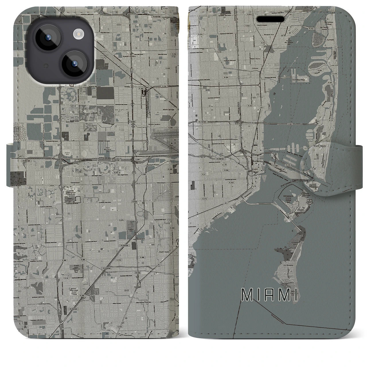 【マイアミ(アメリカ)】地図柄iPhoneケース(手帳タイプ)モノトーン・iPhone 14 Plus 用