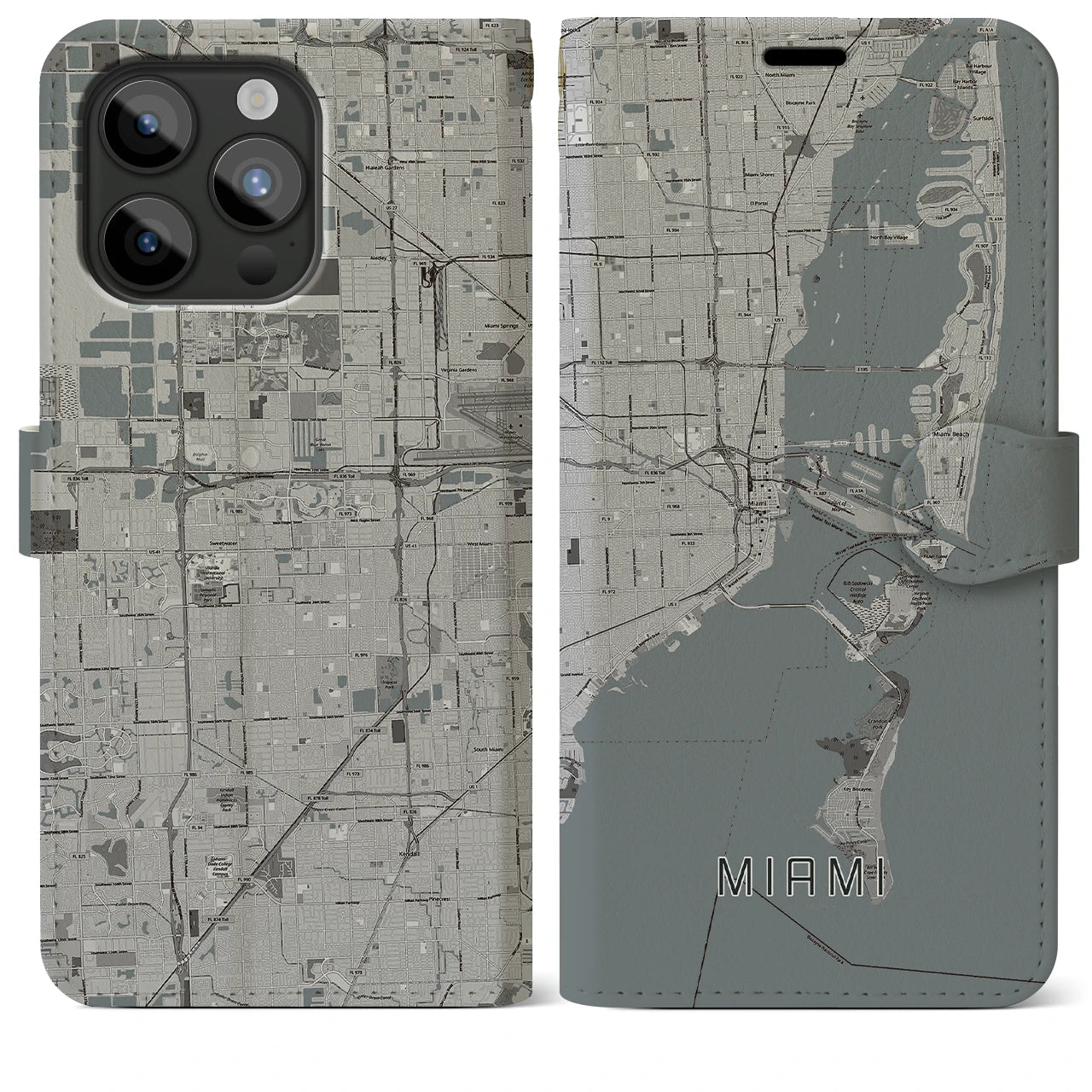 【マイアミ(アメリカ)】地図柄iPhoneケース(手帳タイプ)モノトーン・iPhone 15 Pro Max 用
