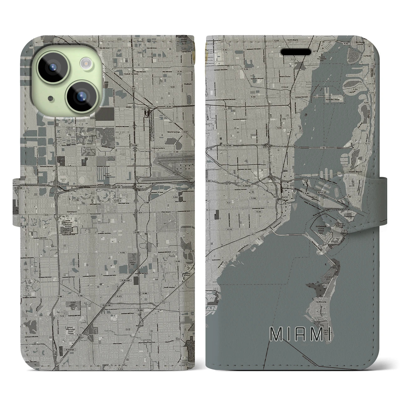 【マイアミ(アメリカ)】地図柄iPhoneケース(手帳タイプ)モノトーン・iPhone 15 用