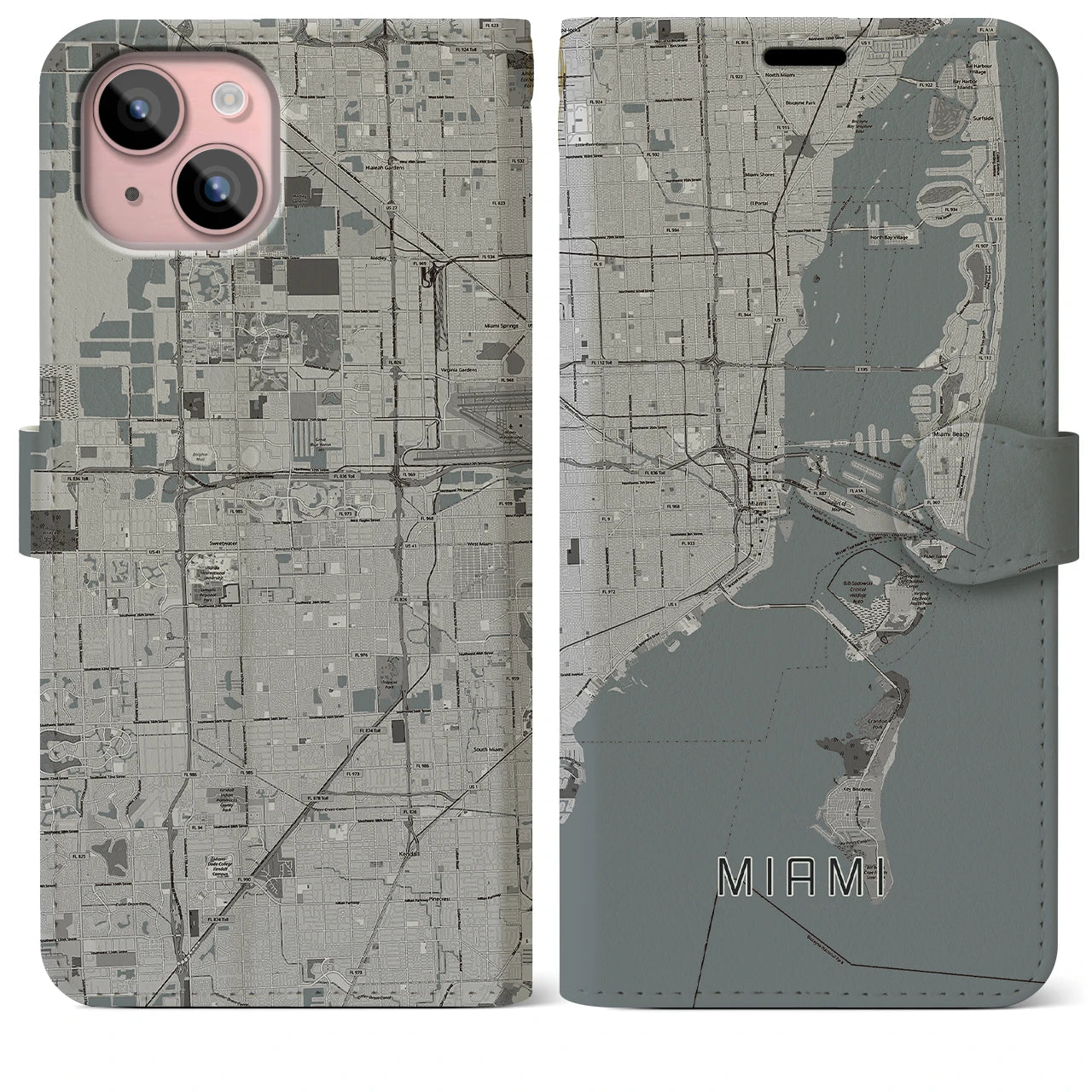 【マイアミ(アメリカ)】地図柄iPhoneケース(手帳タイプ)モノトーン・iPhone 15 Plus 用