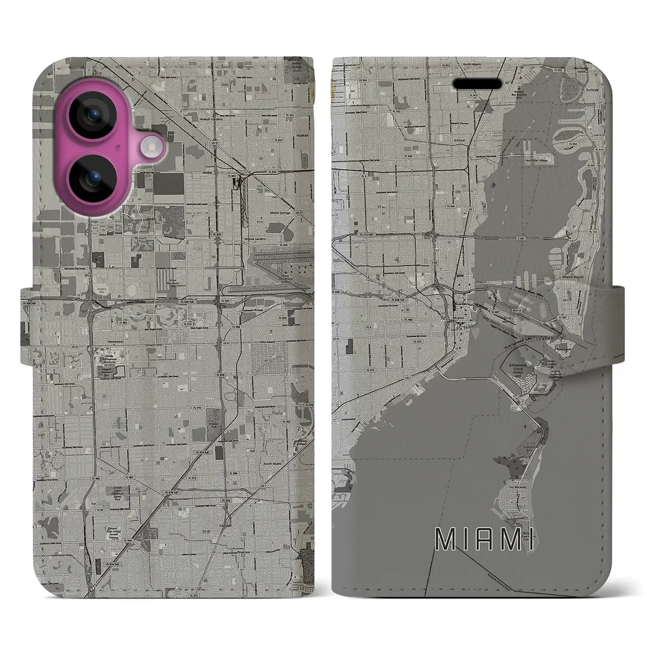 【マイアミ(アメリカ)】地図柄iPhoneケース(手帳タイプ)モノトーン・iPhone 16 Pro 用