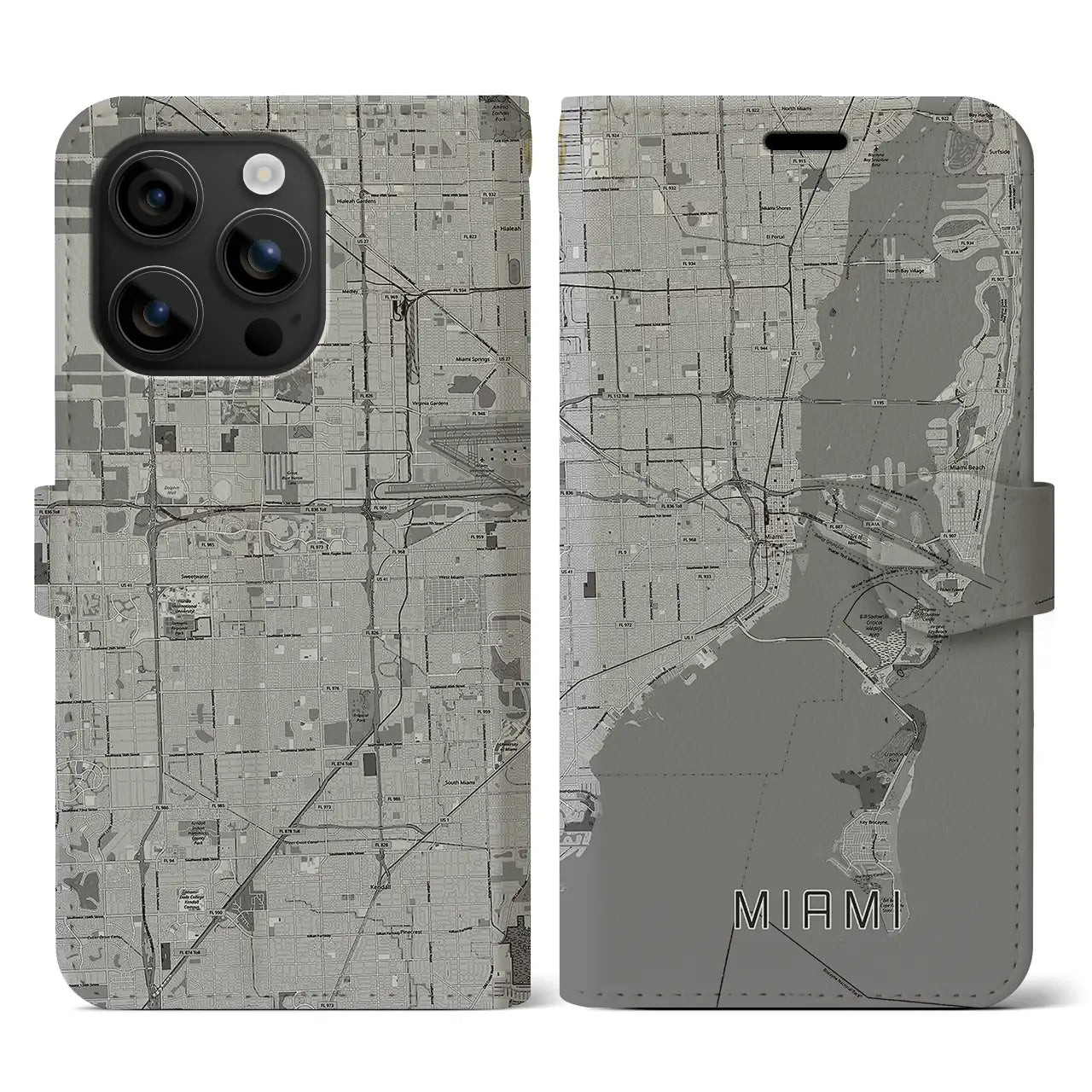 【マイアミ(アメリカ)】地図柄iPhoneケース(手帳タイプ)モノトーン・iPhone 16 用