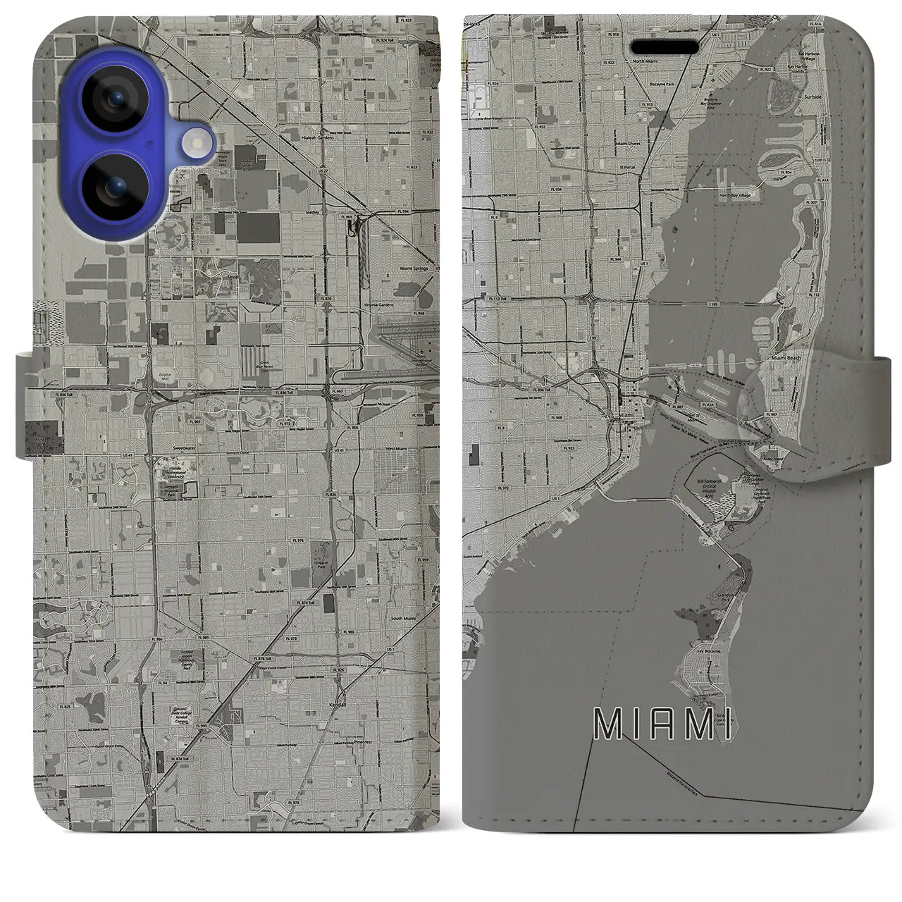 【マイアミ(アメリカ)】地図柄iPhoneケース(手帳タイプ)モノトーン・iPhone 16 Pro Max 用