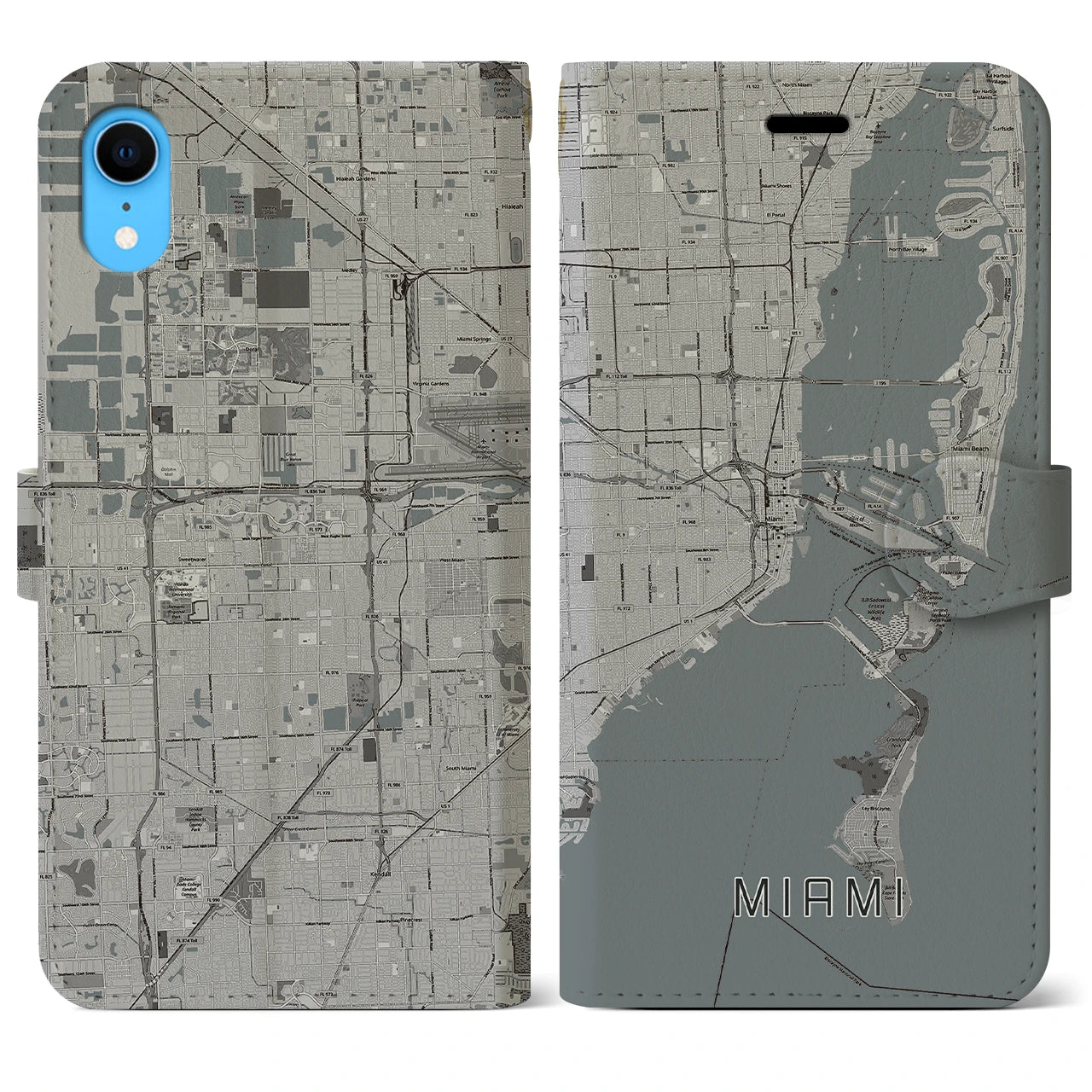 【マイアミ(アメリカ)】地図柄iPhoneケース(手帳タイプ)モノトーン・iPhone XR 用