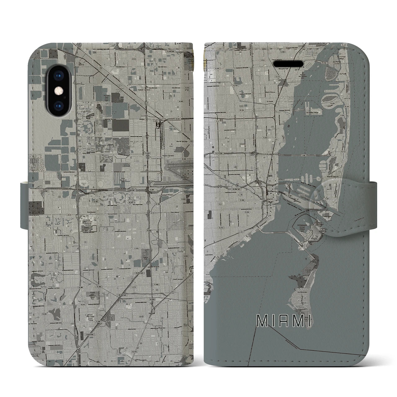【マイアミ(アメリカ)】地図柄iPhoneケース(手帳タイプ)モノトーン・iPhone XS / X 用