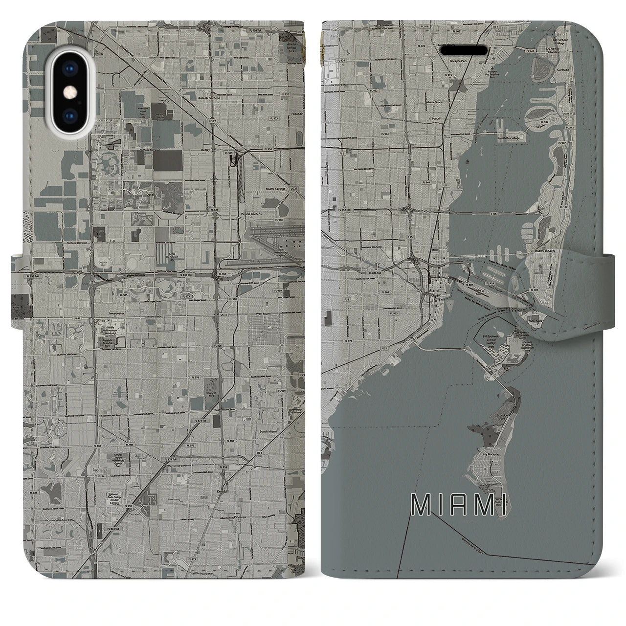 【マイアミ(アメリカ)】地図柄iPhoneケース(手帳タイプ)モノトーン・iPhone XS Max 用