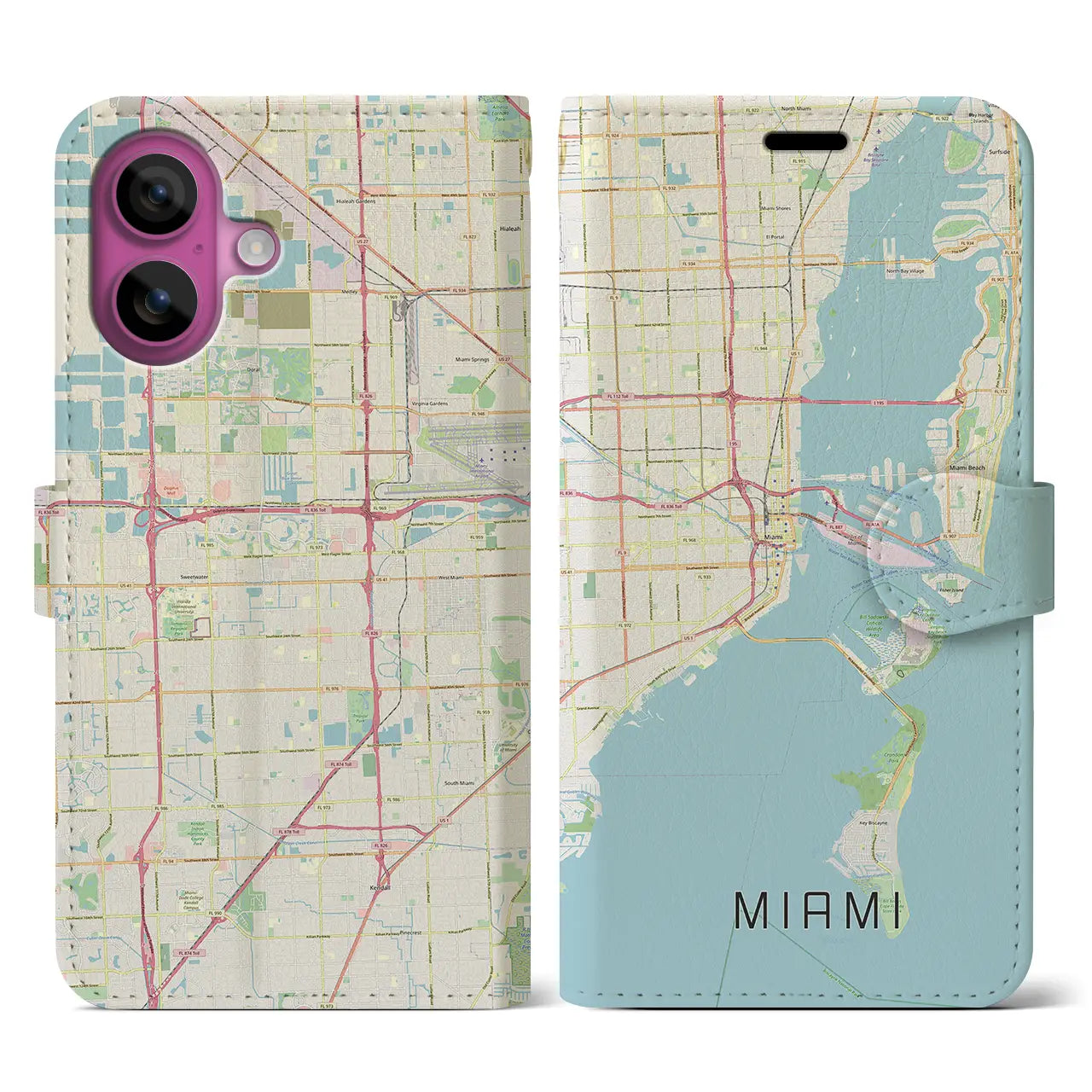 【マイアミ(アメリカ)】地図柄iPhoneケース(手帳タイプ)ナチュラル・iPhone 16 Pro 用