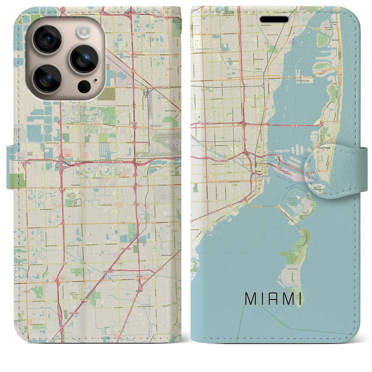【マイアミ(アメリカ)】地図柄iPhoneケース(手帳タイプ)ナチュラル・iPhone 16 Plus 用