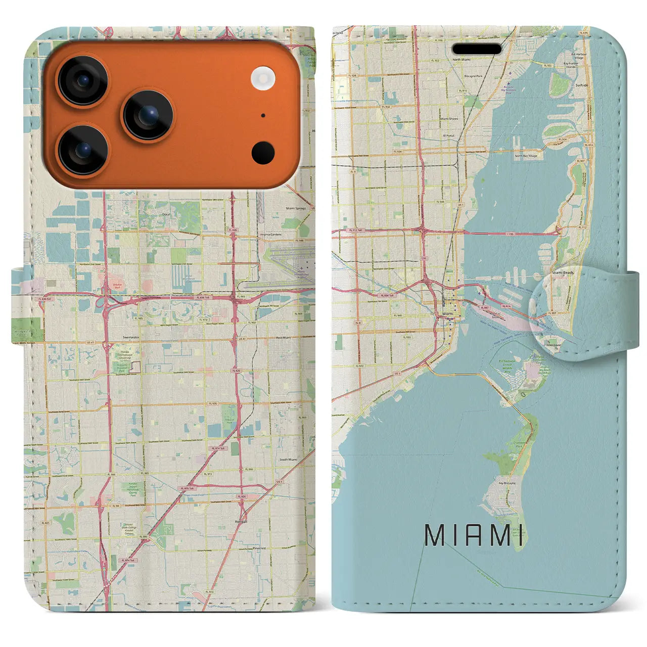 【マイアミ(アメリカ)】地図柄iPhoneケース(手帳タイプ)ナチュラル・iPhone 17 Pro Max 用