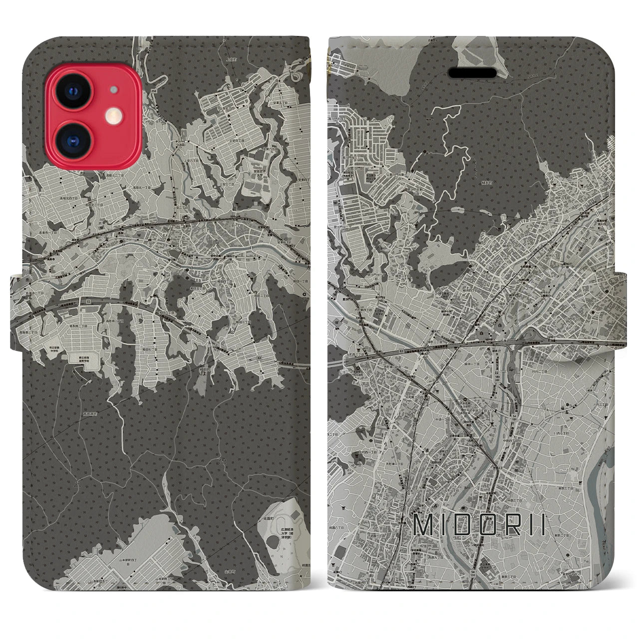 【緑井(広島県)】地図柄iPhoneケース(手帳タイプ)モノトーン・iPhone 11 用