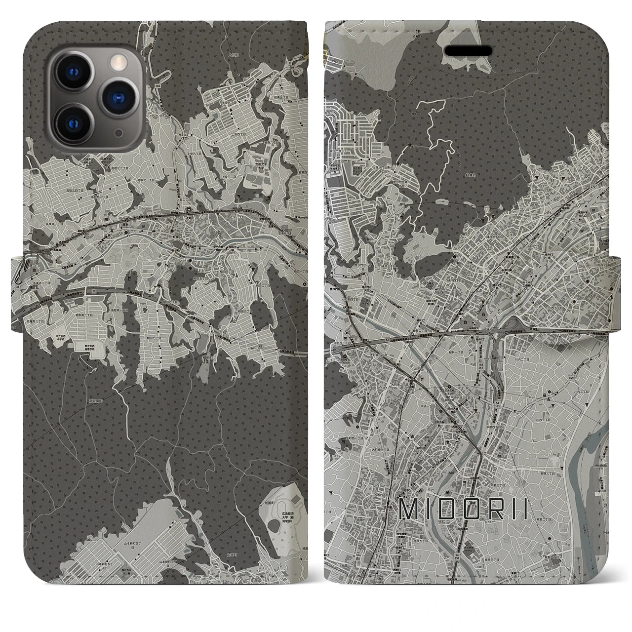 【緑井(広島県)】地図柄iPhoneケース(手帳タイプ)モノトーン・iPhone 11 Pro Max 用