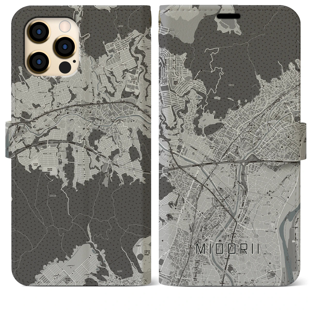 【緑井(広島県)】地図柄iPhoneケース(手帳タイプ)モノトーン・iPhone 12 Pro Max 用