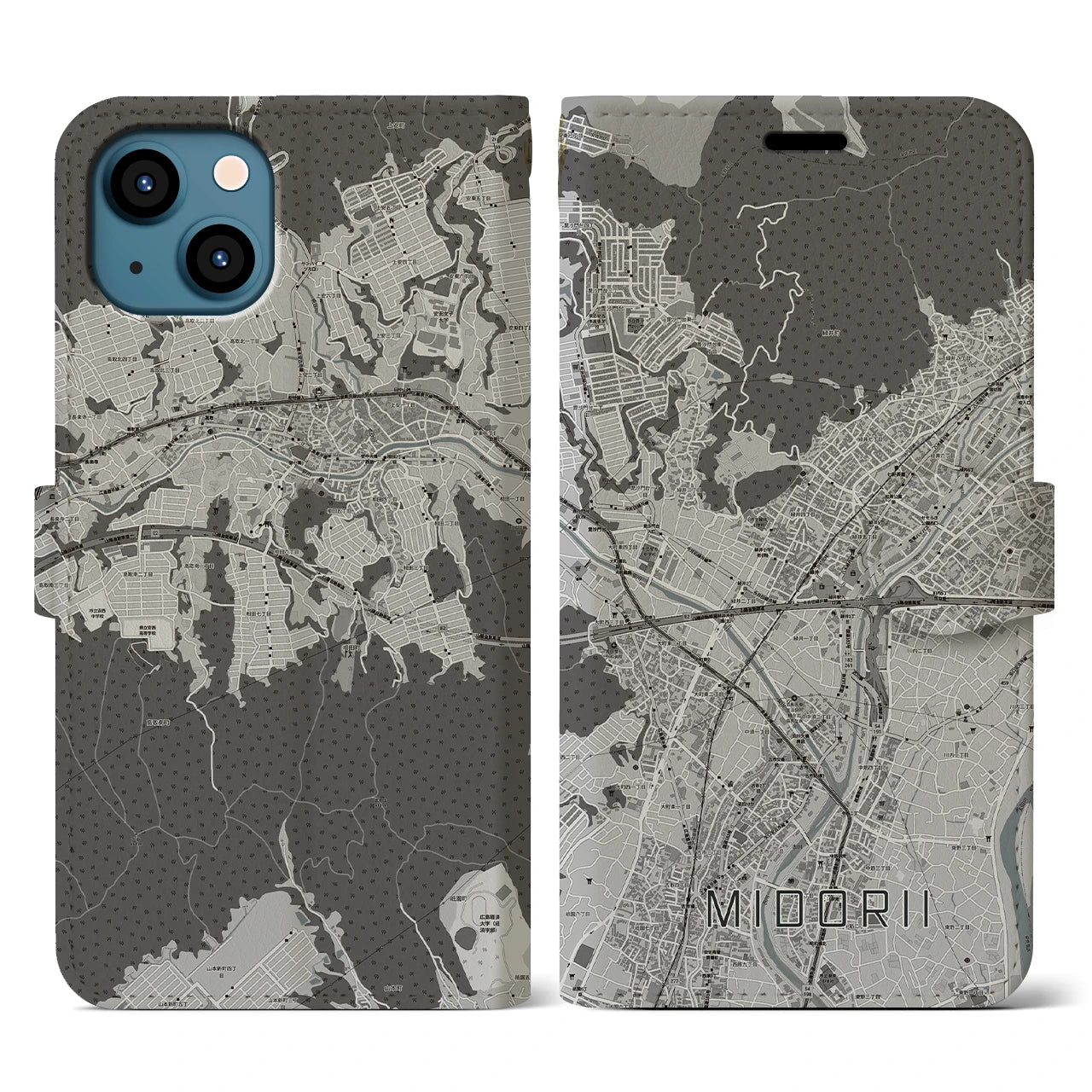 【緑井(広島県)】地図柄iPhoneケース(手帳タイプ)モノトーン・iPhone 13 用
