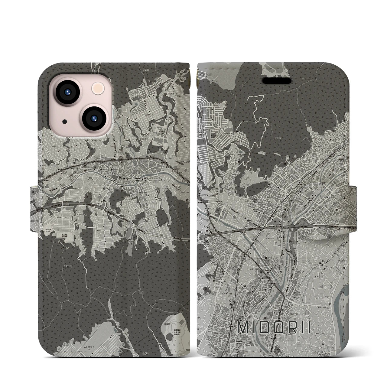 【緑井(広島県)】地図柄iPhoneケース(手帳タイプ)モノトーン・iPhone 13 mini 用