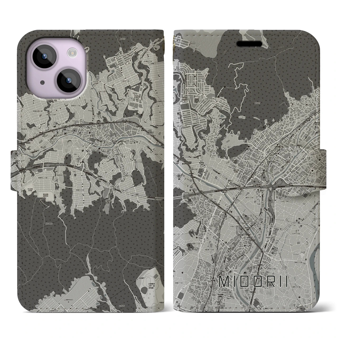 【緑井(広島県)】地図柄iPhoneケース(手帳タイプ)モノトーン・iPhone 14 用