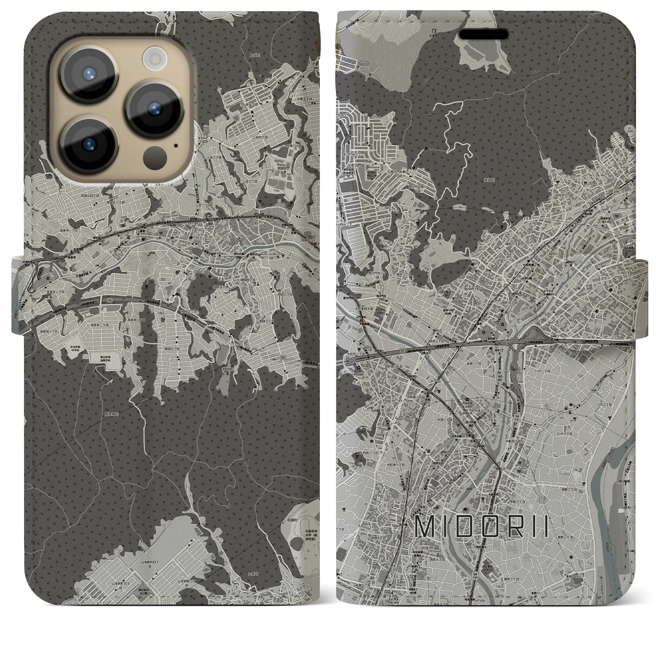 【緑井(広島県)】地図柄iPhoneケース(手帳タイプ)モノトーン・iPhone 14 Pro Max 用