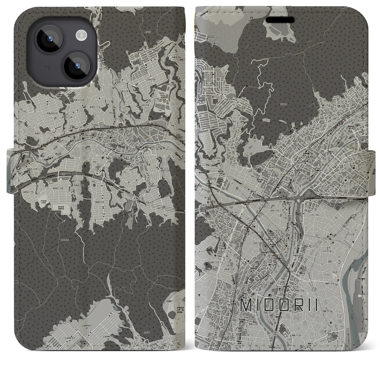 【緑井(広島県)】地図柄iPhoneケース(手帳タイプ)モノトーン・iPhone 14 Plus 用