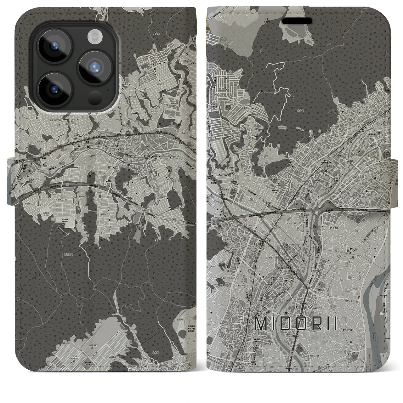 【緑井(広島県)】地図柄iPhoneケース(手帳タイプ)モノトーン・iPhone 15 Pro Max 用