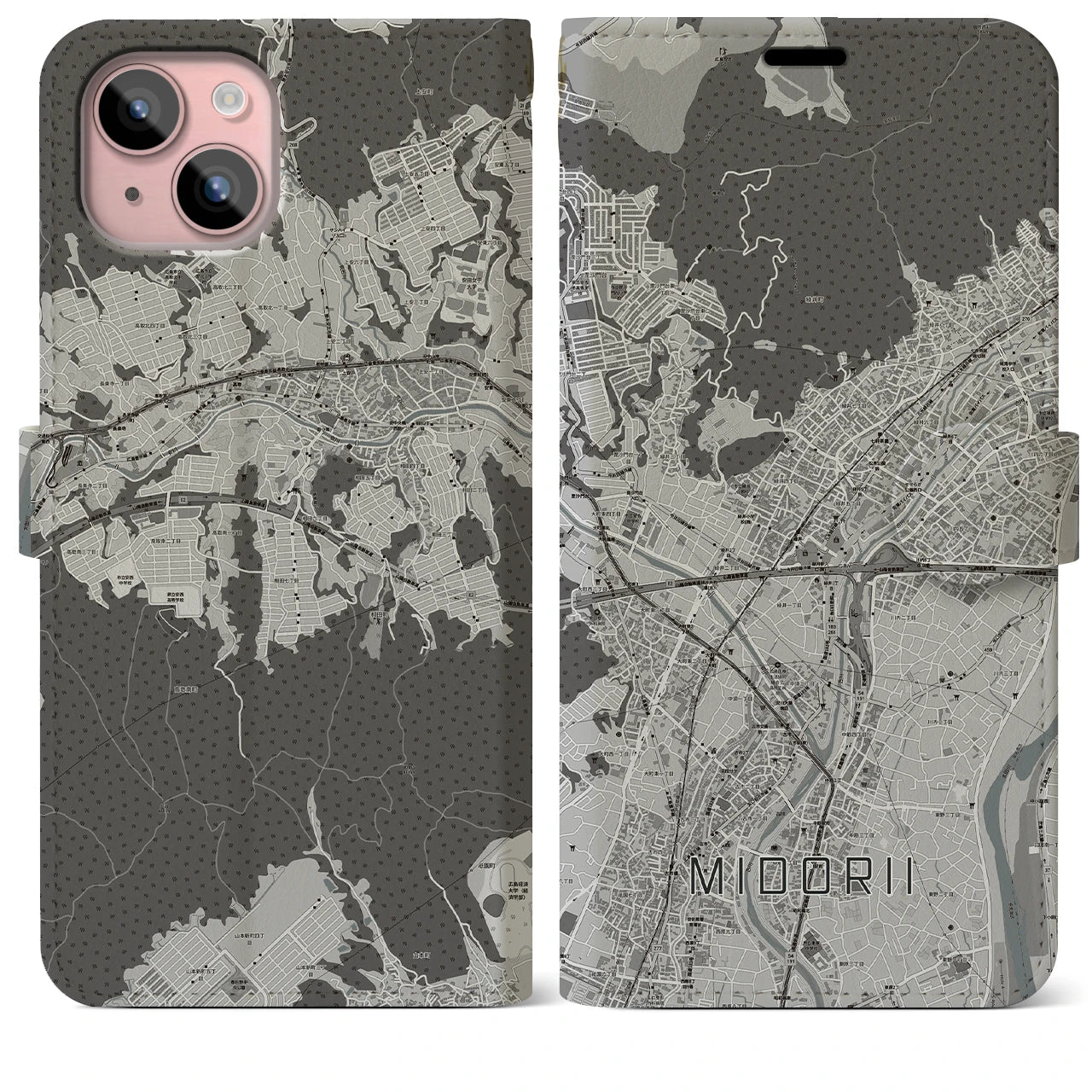 【緑井(広島県)】地図柄iPhoneケース(手帳タイプ)モノトーン・iPhone 15 Plus 用