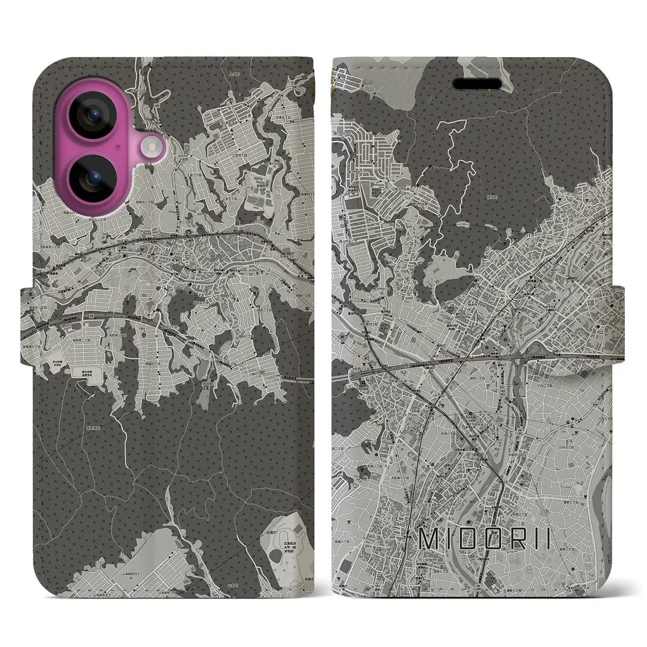 【緑井(広島県)】地図柄iPhoneケース(手帳タイプ)モノトーン・iPhone 16 Pro 用