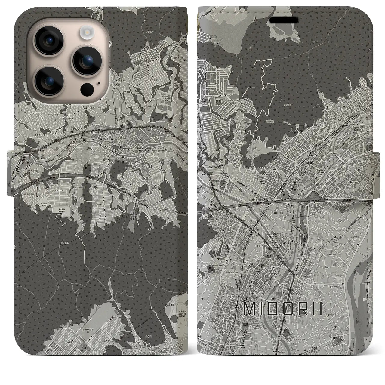 【緑井(広島県)】地図柄iPhoneケース(手帳タイプ)モノトーン・iPhone 16 Plus 用