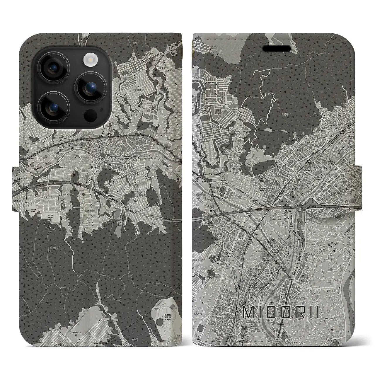 【緑井(広島県)】地図柄iPhoneケース(手帳タイプ)モノトーン・iPhone 16 用