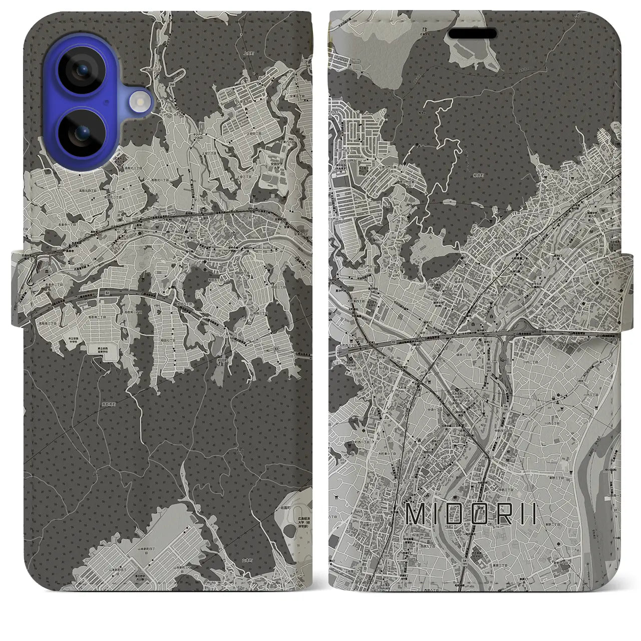 【緑井(広島県)】地図柄iPhoneケース(手帳タイプ)モノトーン・iPhone 16 Pro Max 用