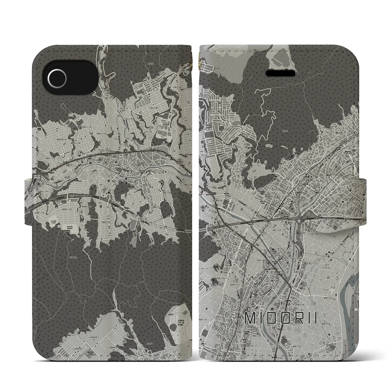 【緑井(広島県)】地図柄iPhoneケース(手帳タイプ)モノトーン・iPhone SE(第3 / 第2世代) / 8 / 7 / 6s / 6 用
