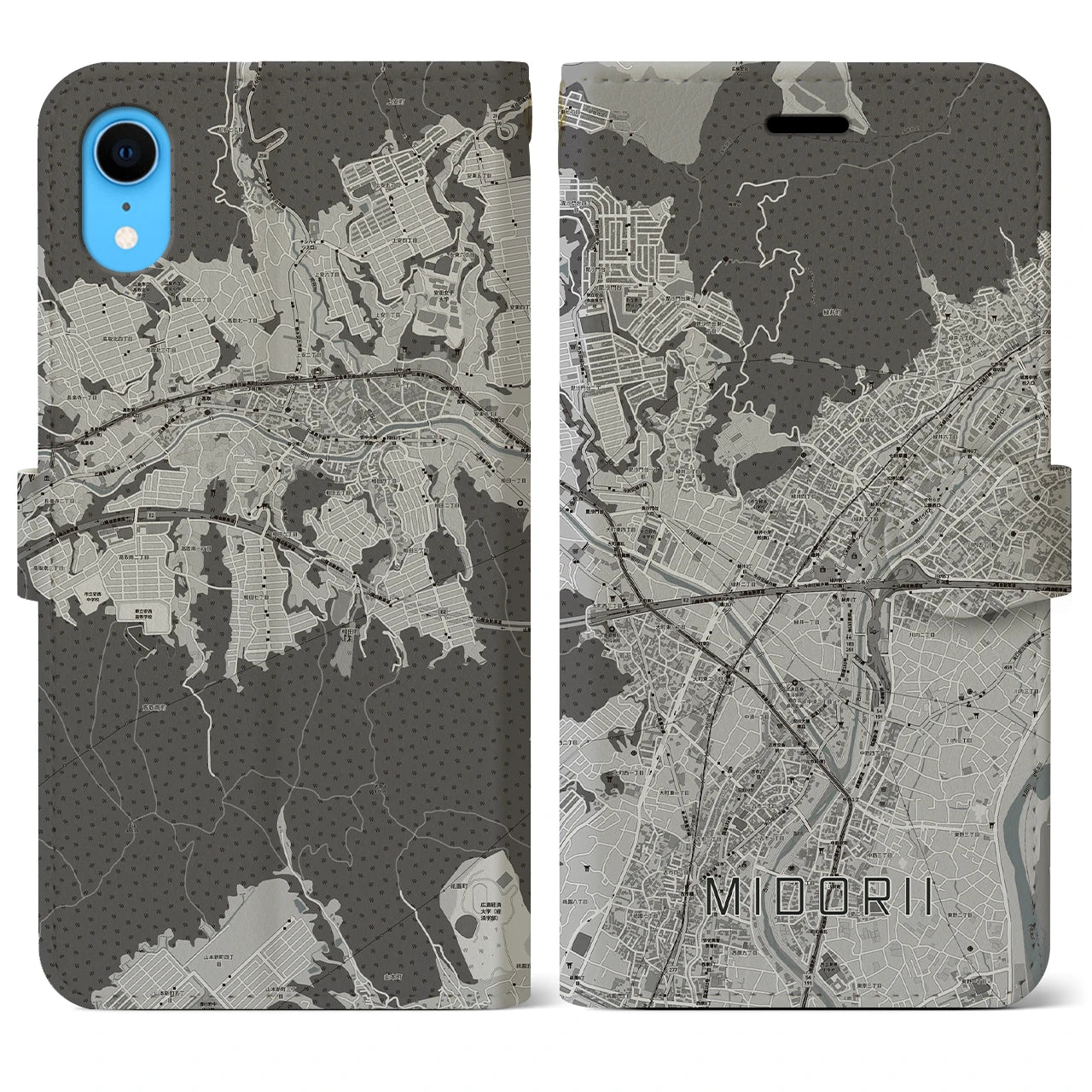 【緑井(広島県)】地図柄iPhoneケース(手帳タイプ)モノトーン・iPhone XR 用