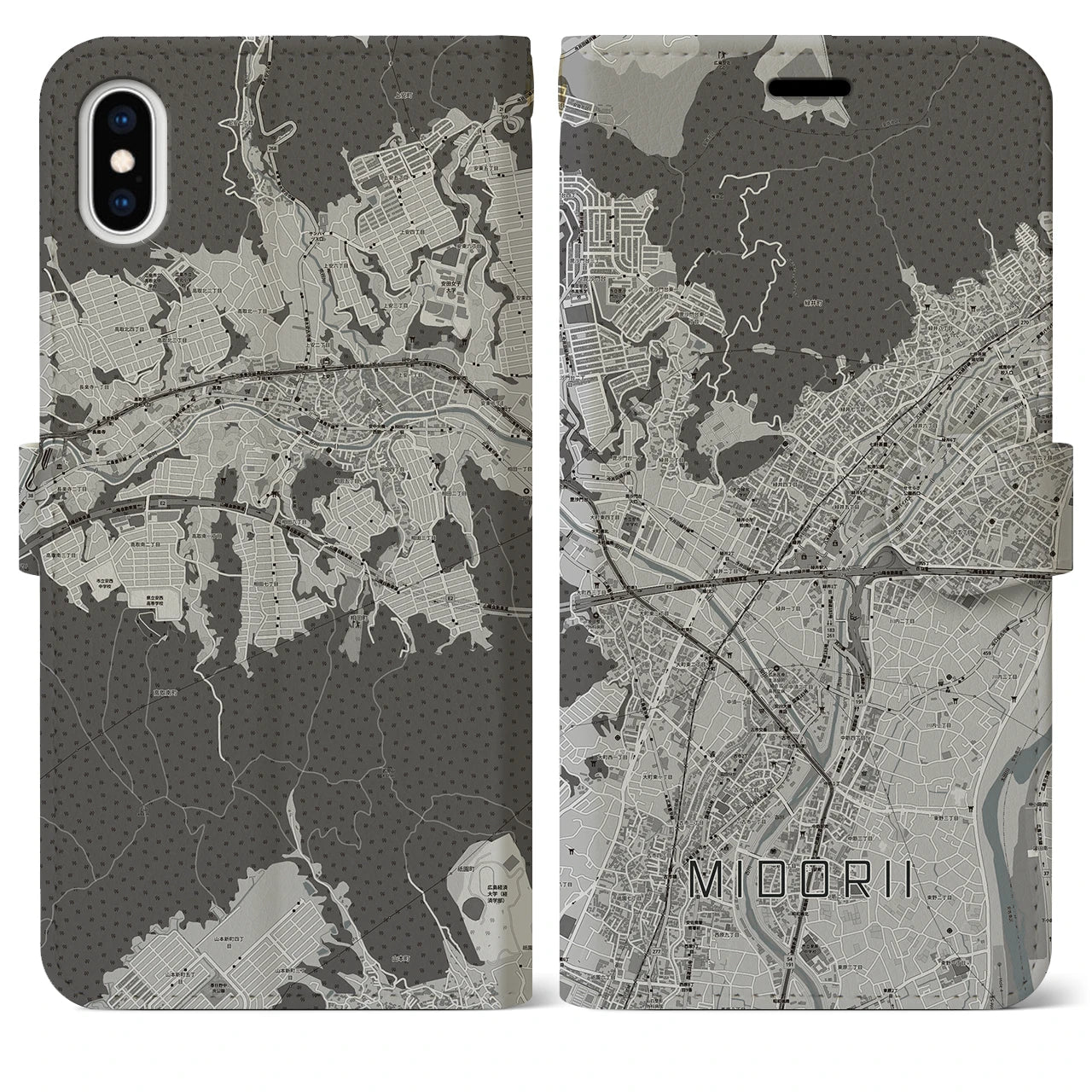 【緑井(広島県)】地図柄iPhoneケース(手帳タイプ)モノトーン・iPhone XS Max 用