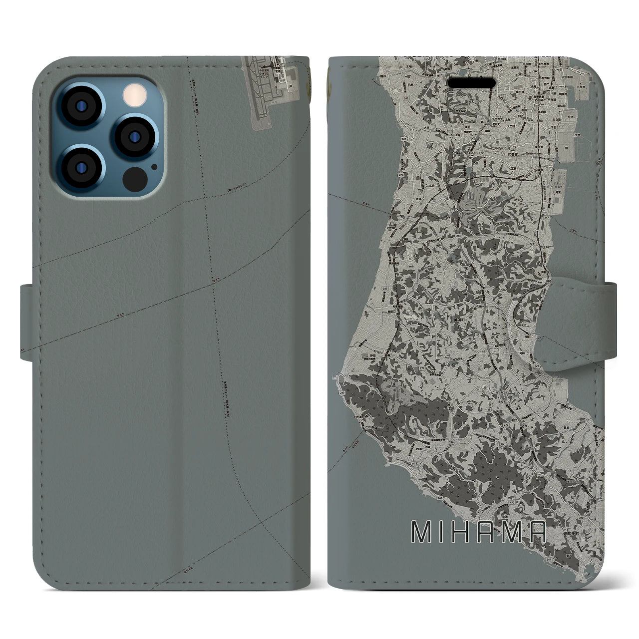【美浜(愛知県)】地図柄iPhoneケース(手帳タイプ)モノトーン・iPhone 12 / 12 Pro 用