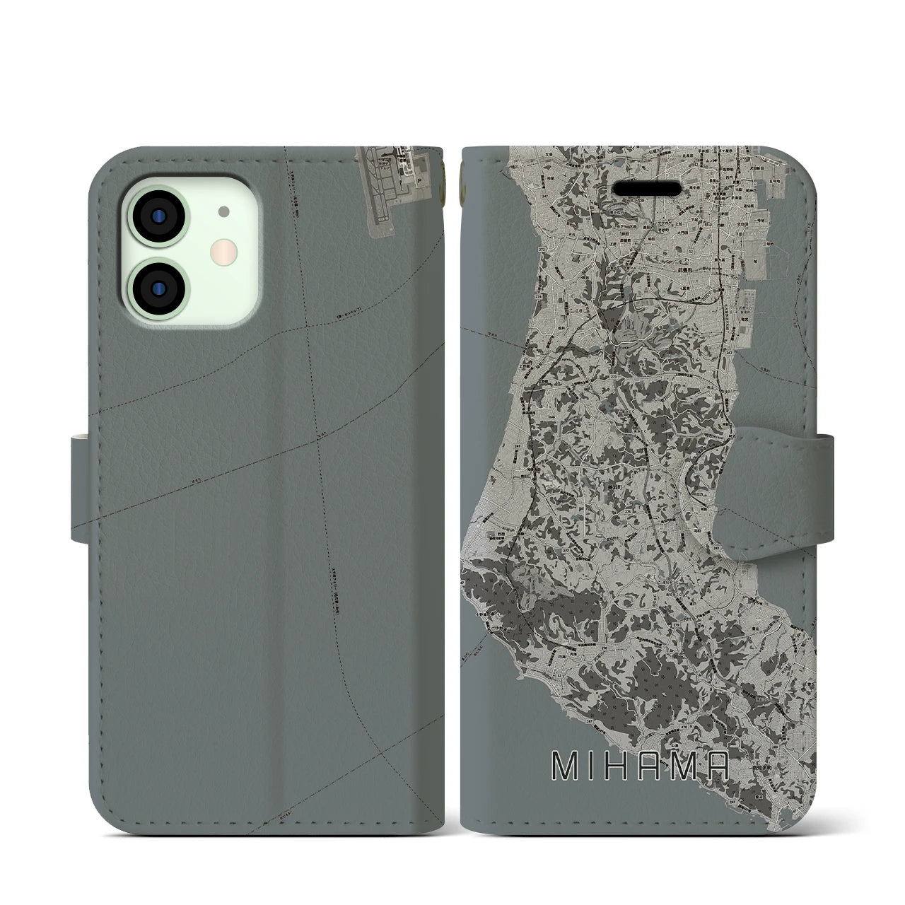 【美浜(愛知県)】地図柄iPhoneケース(手帳タイプ)モノトーン・iPhone 12 mini 用