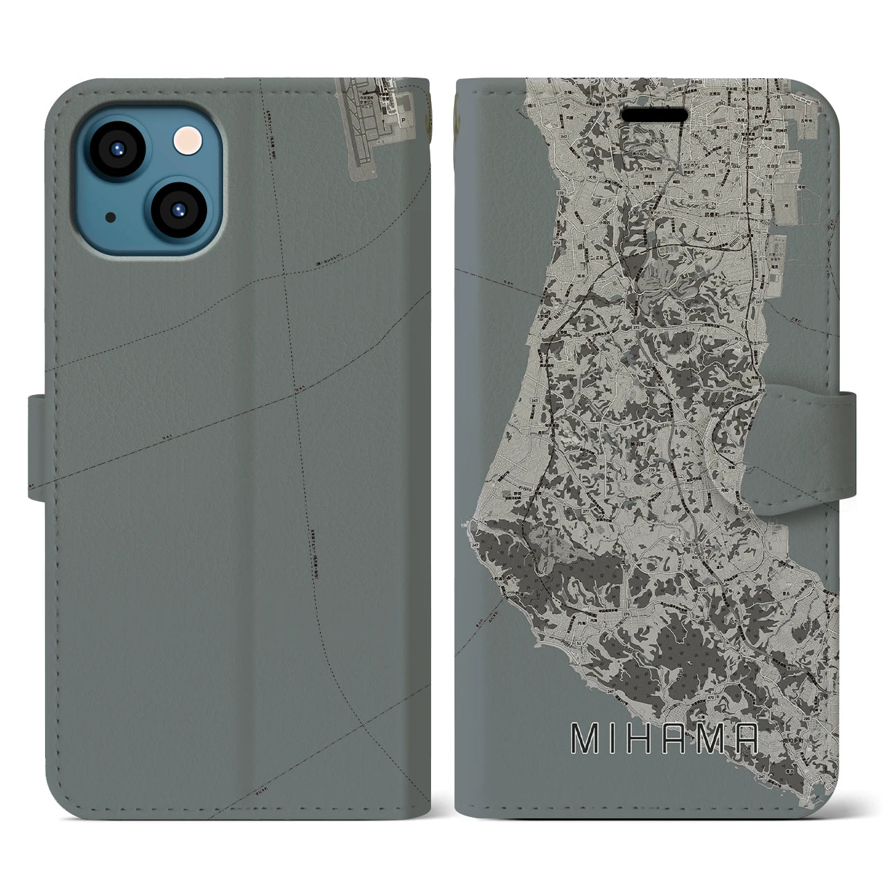 【美浜(愛知県)】地図柄iPhoneケース(手帳タイプ)モノトーン・iPhone 13 用