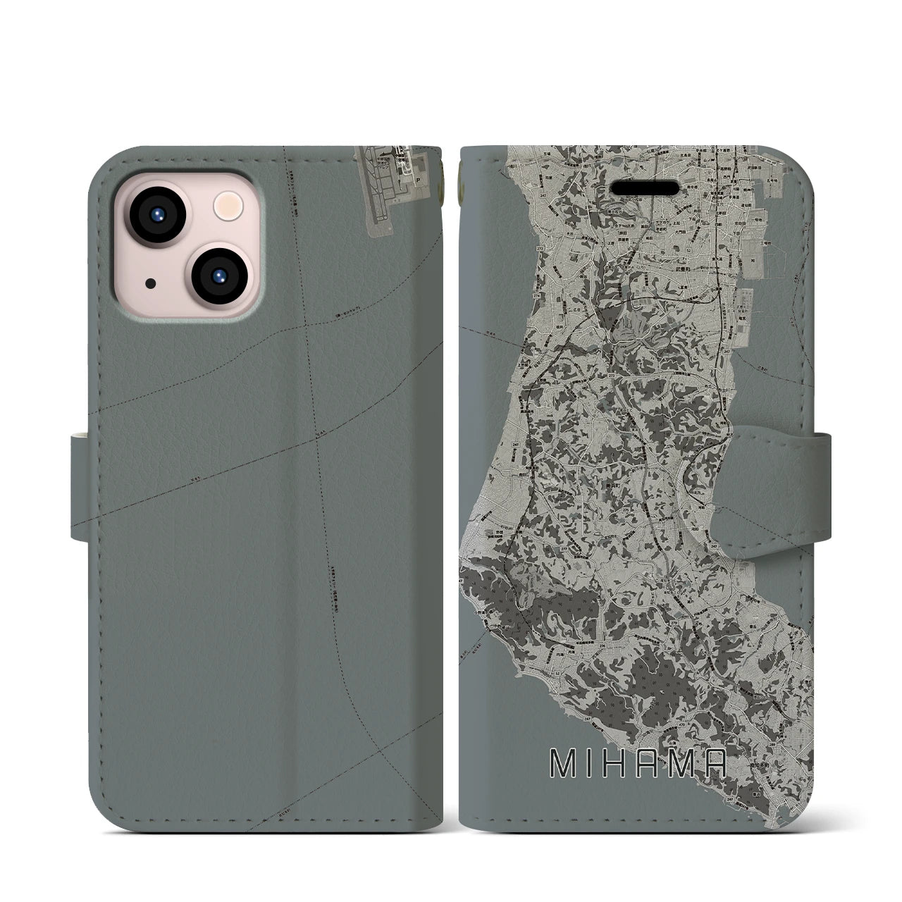 【美浜(愛知県)】地図柄iPhoneケース(手帳タイプ)モノトーン・iPhone 13 mini 用