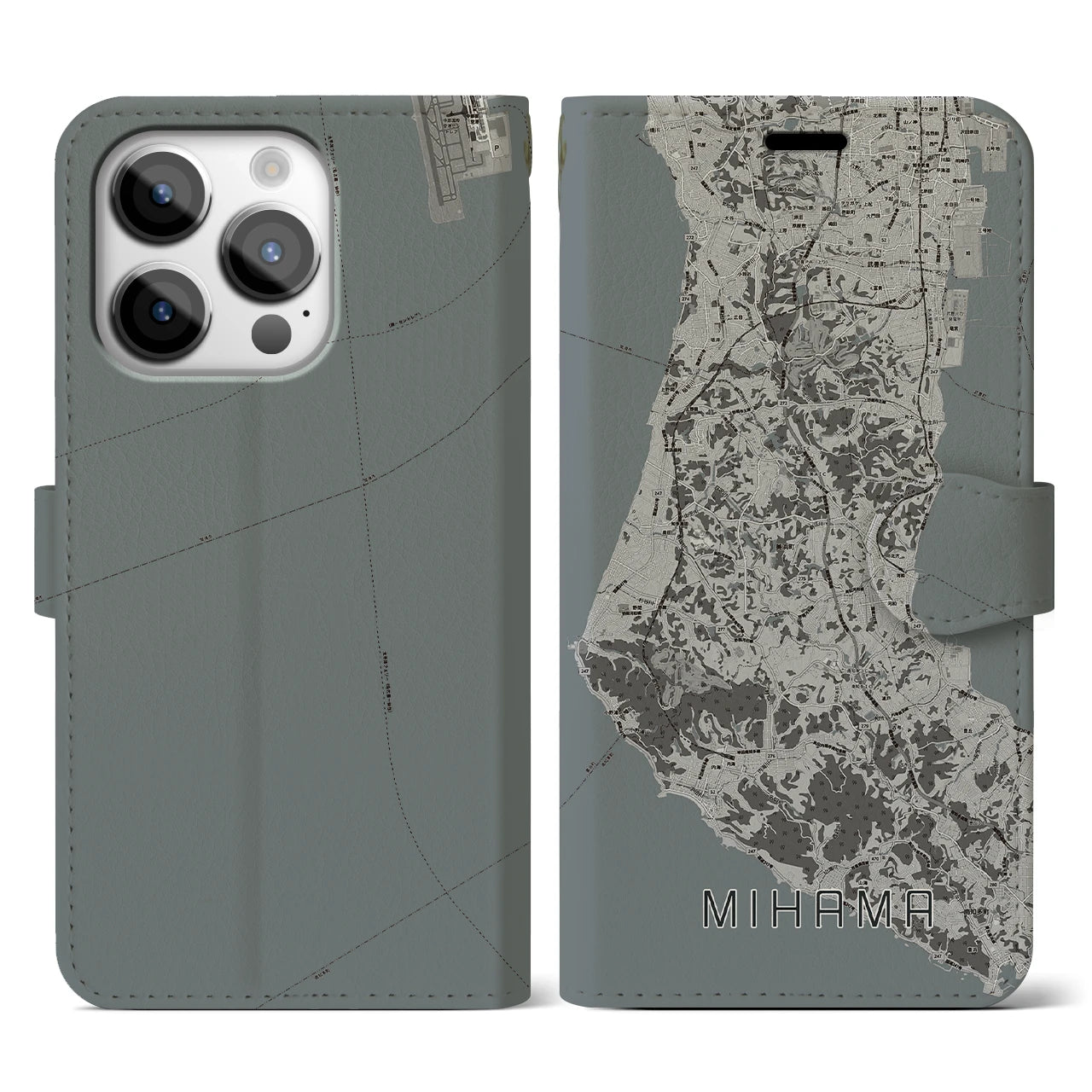 【美浜(愛知県)】地図柄iPhoneケース(手帳タイプ)モノトーン・iPhone 14 Pro 用