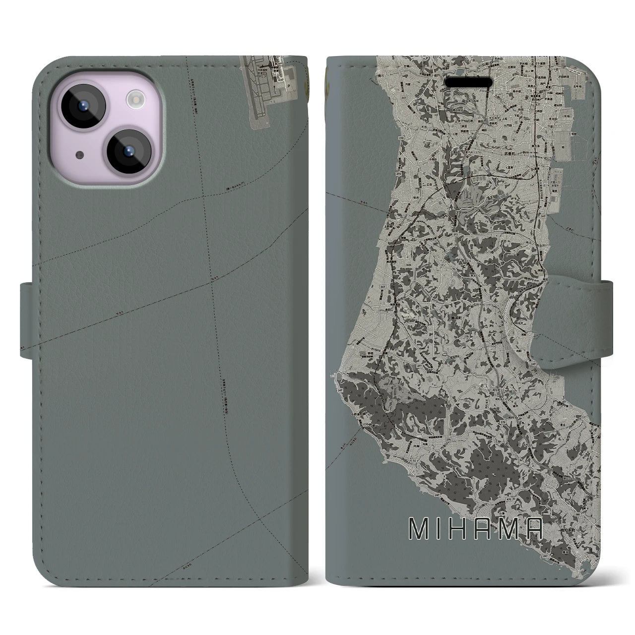 【美浜(愛知県)】地図柄iPhoneケース(手帳タイプ)モノトーン・iPhone 14 用